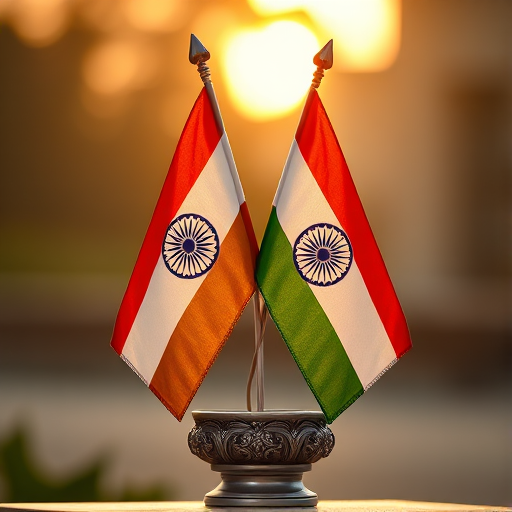 Generate an image of two Indian flags on a decorative stand, shot with a Canon EOS 5D Mark IV camera, 50mm lens, aperture f/2.8, ISO 100, golden hour lighting, shallow depth of field for a soft background.