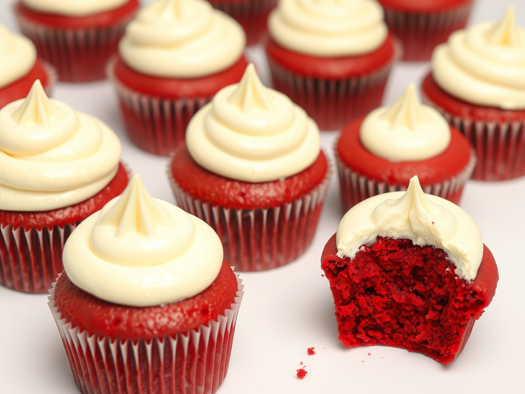 Red velvet cupcakes with cream cheese frosting arranged on a white background one cupcake has a bite taken out of it showing the moist red interior and fluffy frosting on top.