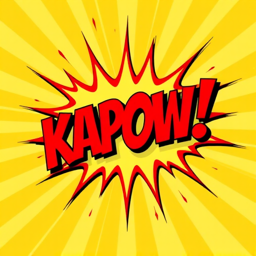 create an explosion cartoon graphic featuring the text KAPOW! in bold red letters with a bright yellow starburst background, use a digital camera with a 50mm lens at f/2.8, ISO 100, 1/200s shutter speed, shot from a slight upward angle to enhance color vibrancy and depth