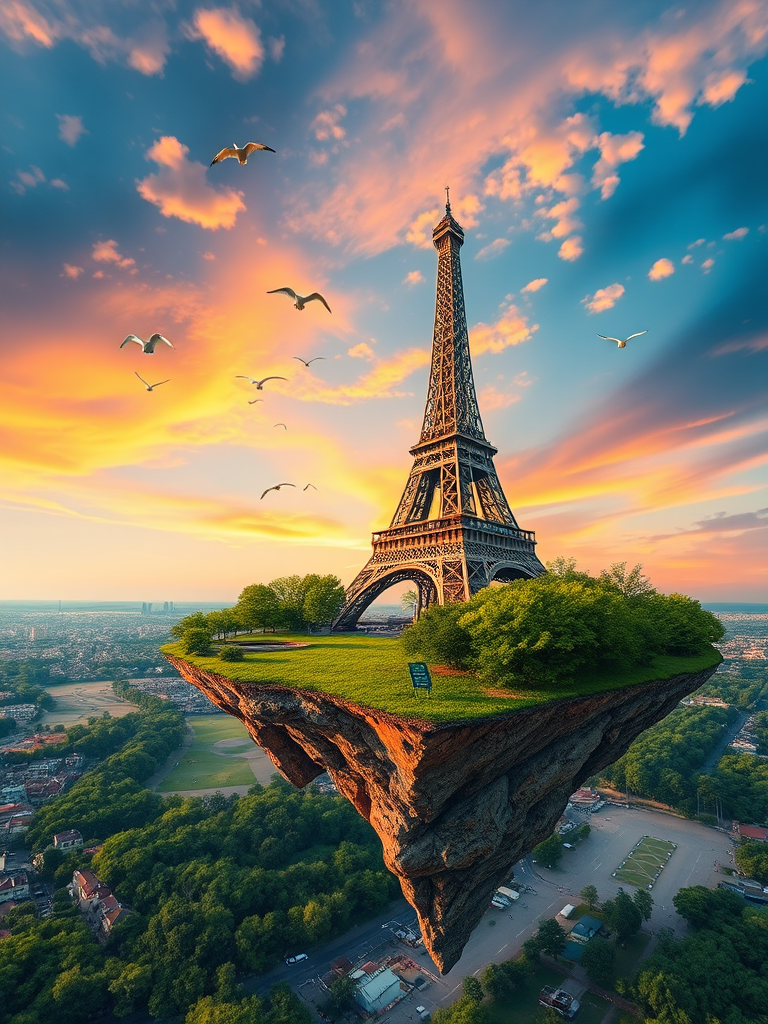 A surreal floating island featuring the Eiffel Tower surrounded by lush greenery and birds soaring in a vibrant sky, captured with a DSLR camera, 24mm lens, f/8 aperture, ISO 100, golden hour lighting, and a panoramic view.