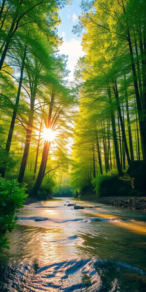 Create an image of a serene, sunlit forest scene with a clear, gently flowing river. Tall trees with lush green foliage line both sides of the river, their leaves bathed in the warm golden light of the setting or rising sun. The sunlight filters through the trees, casting soft, dappled light on the river, which flows over smooth rocks and pebbles, creating a peaceful, natural atmosphere. The sky is bright with a few scattered clouds, and the overall mood is tranquil, evoking a deep sense of connection with nature. The image captures the beauty of a calm, pristine forest landscape at either dawn or dusk.