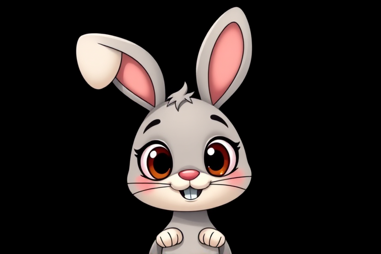 Create a cute cartoon rabbit character with large expressive eyes and a happy expression, set against a plain black background, using a Canon EOS 5D Mark IV camera with a 50mm f/1.8 lens, aperture set to f/2.8, ISO 100, and a shallow depth of field for enhanced focus on the character.