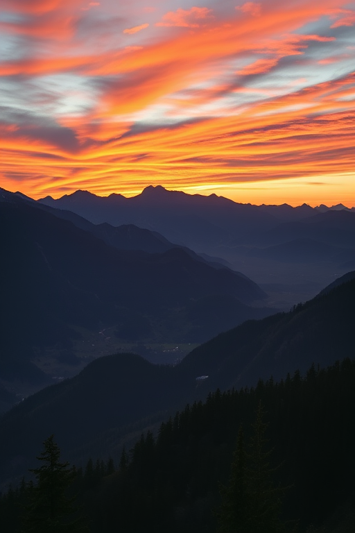 Create a high-resolution image of a serene mountain landscape during sunrise with vibrant colors in the sky, using a DSLR camera, 35mm lens, aperture f/8, ISO 100, shot at a wide-angle view for a panoramic effect.