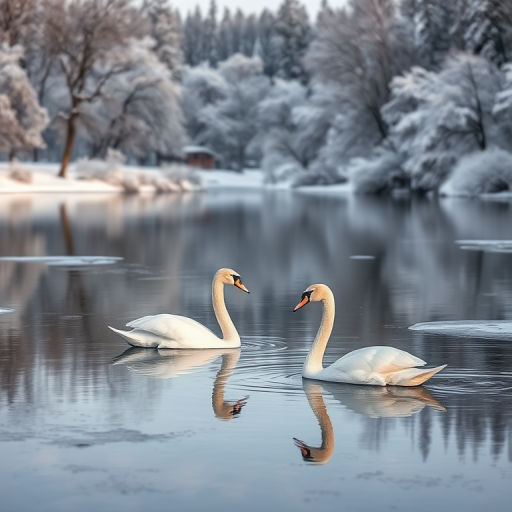 Create a serene winter landscape featuring two elegant swans gliding on a calm, icy lake surrounded by snow-covered trees, captured with a DSLR camera at f/5.6, 1/250 sec, ISO 100, using a 50mm lens for shallow depth of field and vibrant colors.