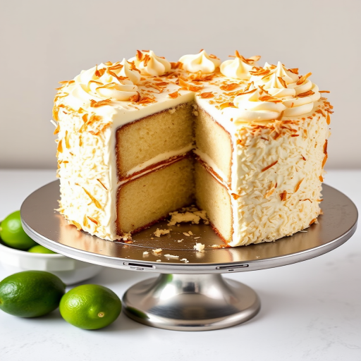 A beautifully decorated coconut cake with a slice cut out, topped with toasted coconut flakes and white frosting, displayed on a silver cake stand, with fresh limes in a bowl beside it and a light neutral background.
