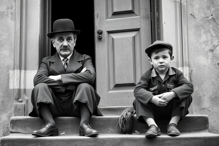 A black-and-white photograph of a man and a child sitting on steps in front of a doorway. The man is dressed as a tramp with a bowler hat, mustache, and ragged clothes, reminiscent of Charlie Chaplin's iconic look. He is sitting with his arms crossed and an expression of slight sadness or frustration. Next to him is a young boy, also in worn clothes and a cap, sitting with his hands clasped, looking thoughtful. The background is an old, textured wall and a partially open door, creating a vintage, early 20th-century atmosphere.