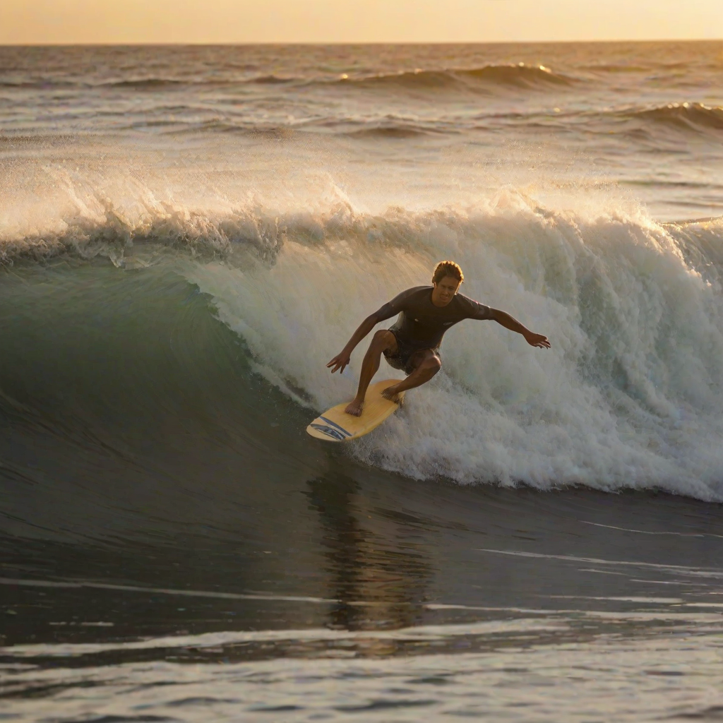 Blurry action shot of a surfer riding a massive wave at sunset, soft focus on the crashing water, with the warm glow of the setting sun illuminating the ocean spray.