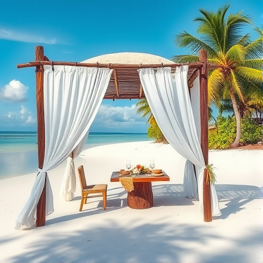 Create a picturesque tropical beach scene featuring a serene, white sandy shore. In the foreground, there's a rustic wooden canopy with white drapes gently flowing in the breeze. Underneath the canopy, a table is set with tropical decor, evoking a sense of relaxation and leisure. The beach extends into a calm, shallow water area with reflections of the sky and surroundings. Palm trees and lush greenery line the edge of the beach, providing a natural, tropical backdrop. The sky is clear with a few scattered clouds, and the overall atmosphere is tranquil and inviting, perfect for a peaceful retreat.