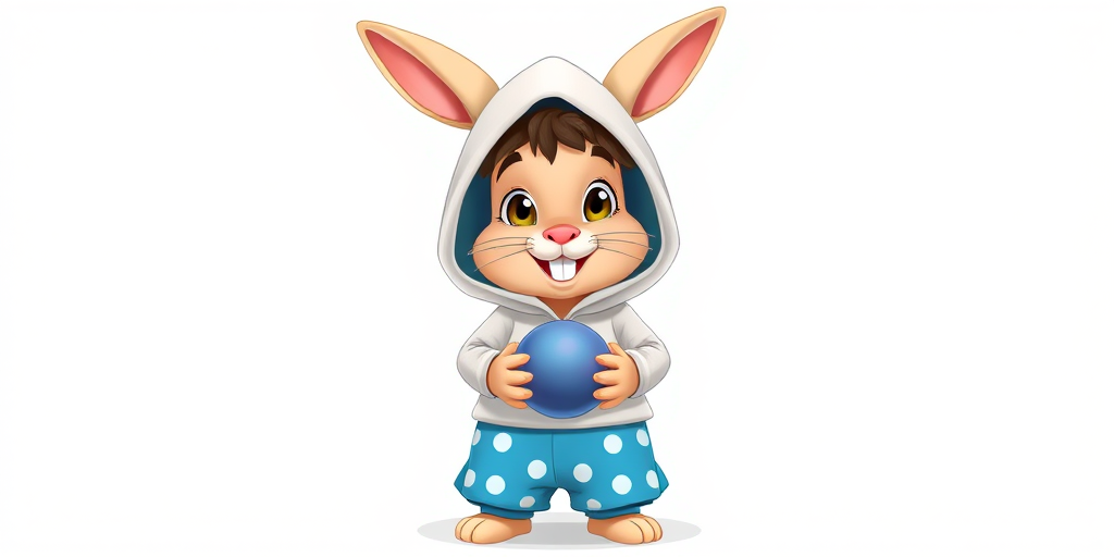 create a cartoon character of a cheerful, anthropomorphic rabbit wearing a white hood and blue pants with polka dots, holding a small ball, shot with a Nikon D850 at f/4, ISO 100, 50mm lens, in a bright and colorful style, showcasing a clean, white background for clarity and focus.