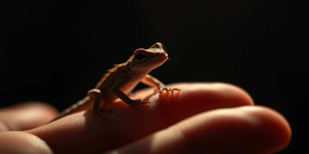 portrait of a small dragon-like creature perched on a hand in dim lighting, macro lens, aperture f/2.8, ISO 100, 50mm focal length, shallow depth of field, soft focus background
