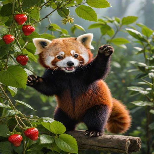 a redpanda is standing up and reaching for a strawberry that hangs on a plant, cute