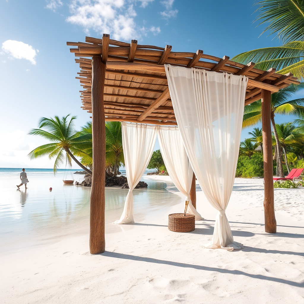 Create a picturesque tropical beach scene featuring a serene, white sandy shore. In the foreground, there's a rustic wooden canopy with white drapes gently flowing in the breeze. Underneath the canopy, a table is set with tropical decor, evoking a sense of relaxation and leisure. The beach extends into a calm, shallow water area with reflections of the sky and surroundings. Palm trees and lush greenery line the edge of the beach, providing a natural, tropical backdrop. The sky is clear with a few scattered clouds, and the overall atmosphere is tranquil and inviting, perfect for a peaceful retreat.