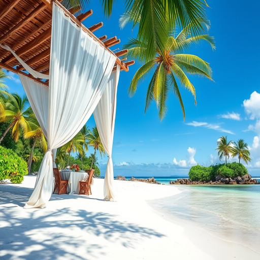 Create a picturesque tropical beach scene featuring a serene, white sandy shore. In the foreground, there's a rustic wooden canopy with white drapes gently flowing in the breeze. Underneath the canopy, a table is set with tropical decor, evoking a sense of relaxation and leisure. The beach extends into a calm, shallow water area with reflections of the sky and surroundings. Palm trees and lush greenery line the edge of the beach, providing a natural, tropical backdrop. The sky is clear with a few scattered clouds, and the overall atmosphere is tranquil and inviting, perfect for a peaceful retreat.