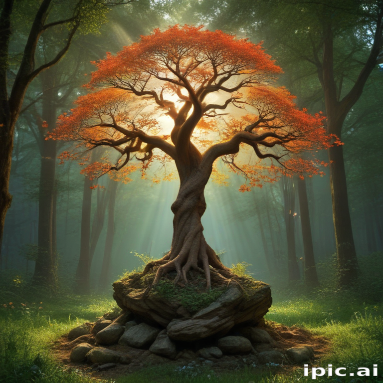 Majestic Tree with Vibrant Autumn Leaves Illuminated by Gentle Sunlight