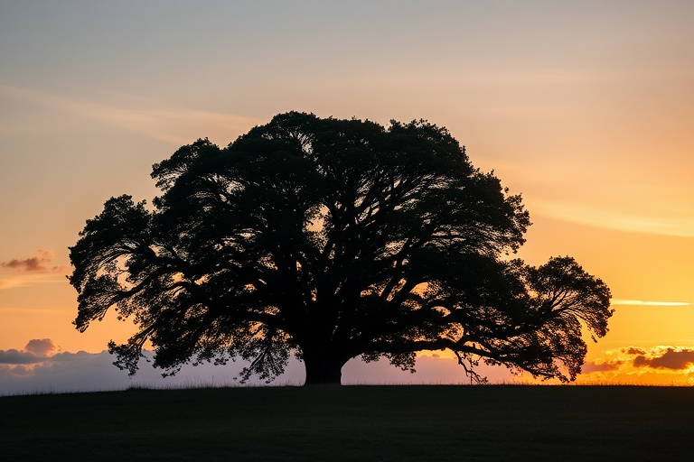 Capture a silhouette of a large tree on a grassy hill at sunset with soft clouds in the background, using a DSLR camera with a 50mm lens, aperture set to f/8, ISO 100, shutter speed 1/200s, in landscape orientation.