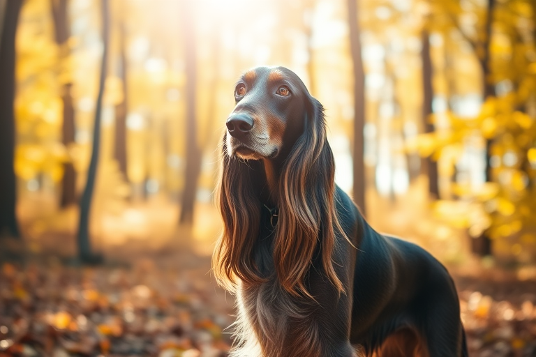 generate an image of a majestic Afghan Hound standing in a sunlit forest with autumn leaves, 50mm lens, f/1.8 aperture, ISO 200, soft focus style, DSLR camera