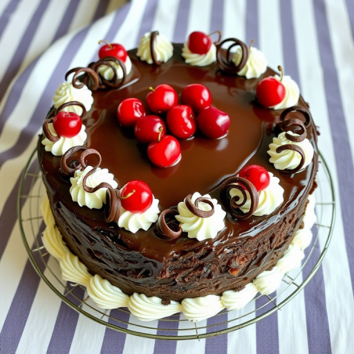 A beautifully decorated chocolate cake with a rich chocolate and cherry topping surrounded by whipped cream and chocolate curls on a wire rack with a striped cloth in the background.