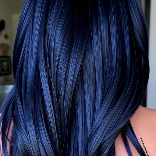 Dramatic Midnight Sapphire mane boasting long, sleek strands in a deep blue-black hue with subtle navy highlights, styled with a wet-look finish