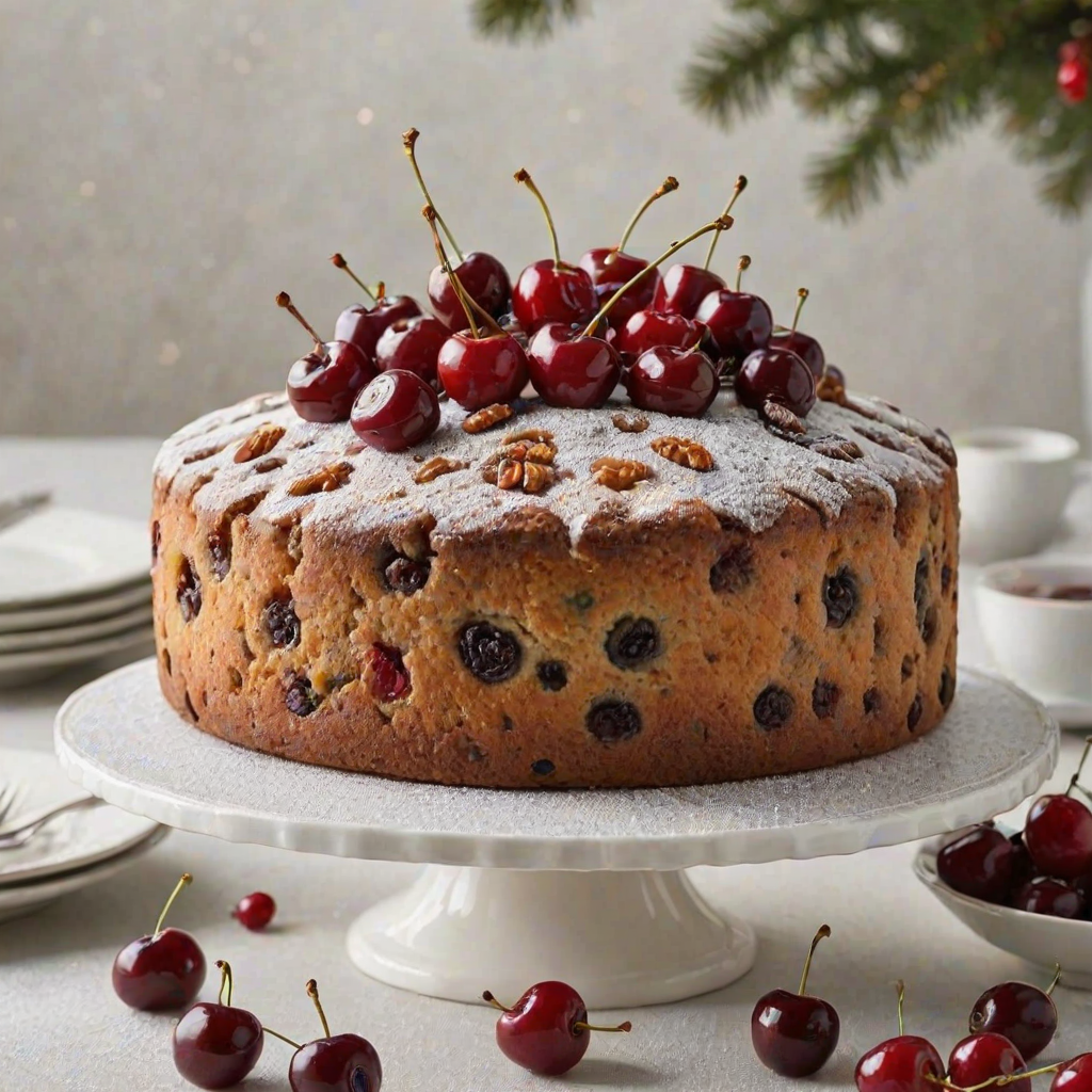 Create a festive fruitcake topped with fresh cherries, showcasing a rich, moist texture and a glossy finish. Add a light dusting of powdered sugar on top for an elegant touch. Ensure the cake is displayed on a simple white cake stand, with a soft, blurred background to emphasize the cake.