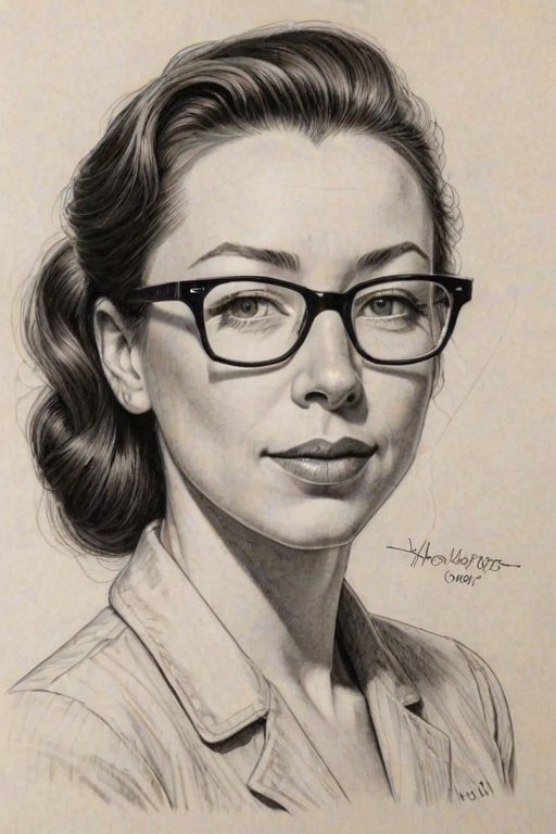 Pleasing Molly Parker, pencil sketch, portrait of Fascinating woman 1947s in glasses, hair style beatnik, outline, clear lines, fine lines, 8k
