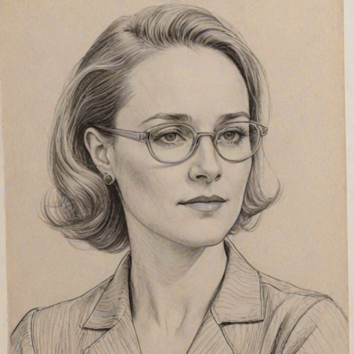 Dazzling Mary Stuart Masterson, pencil sketch, portrait of Graceful woman 1946s in glasses, hair style beatnik, outline, clear lines, fine lines, 8k