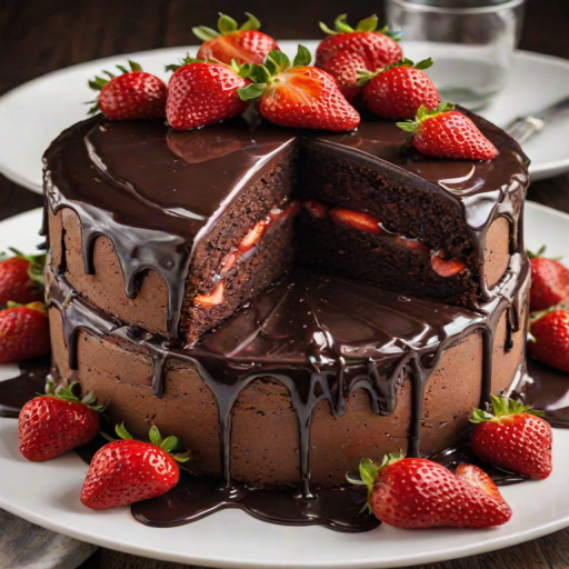 Create an image of a layered chocolate cake topped with fresh strawberries. The cake should have a glossy chocolate ganache drizzling down the sides and be placed on a simple white plate. Include a few whole strawberries around the plate for decoration. The background should be dark to highlight the cake's rich colors.