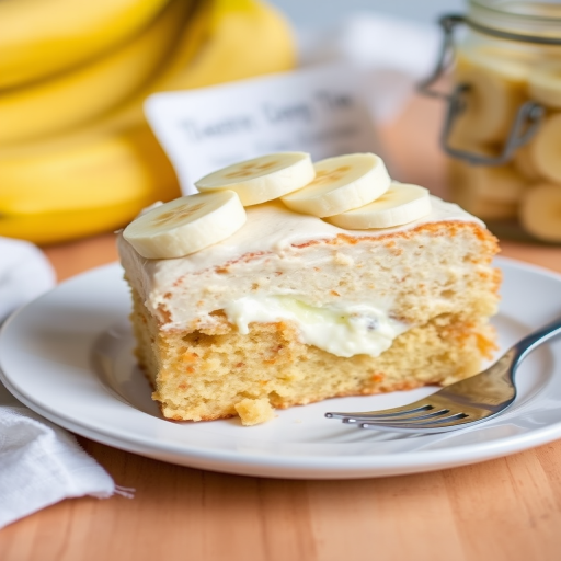 A slice of banana cake with creamy frosting topped with banana slices served on a white plate with a fork beside it, with a blurred background of bananas and a jar.