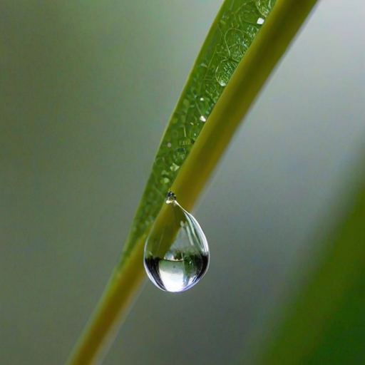 Sharp, detailed close-up of a single raindrop clinging to the tip of a leaf, tiny reflections of a distant forest visible in the droplet, with soft natural light creating a peaceful ambiance.