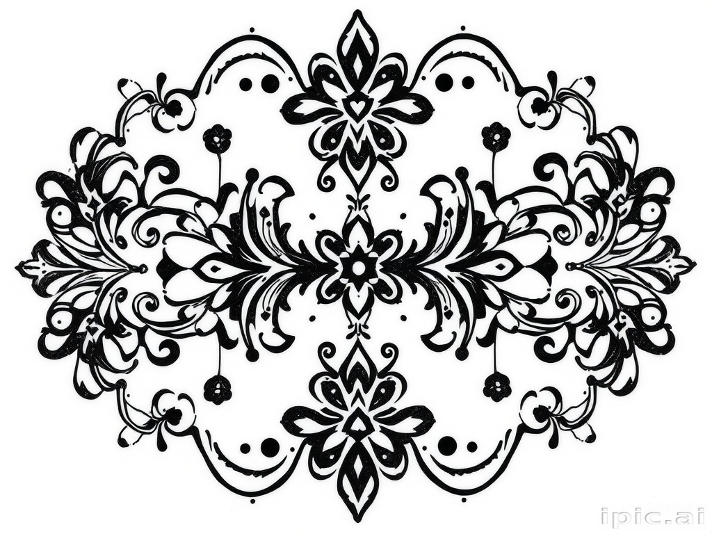 Ornamental blackwork tattoo titled "Lace Elegance" featuring intricate patterns inspired by delicate lace designs with symmetrical arrangements of swirls dots and geometric shapes creating a visually stunning and feminine aesthetic