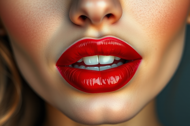 Stunning woman lips with vibrant cherry red hue, glossy finish, and subtle ombre effect, full face portrait showcasing luscious pout and flawless complexion