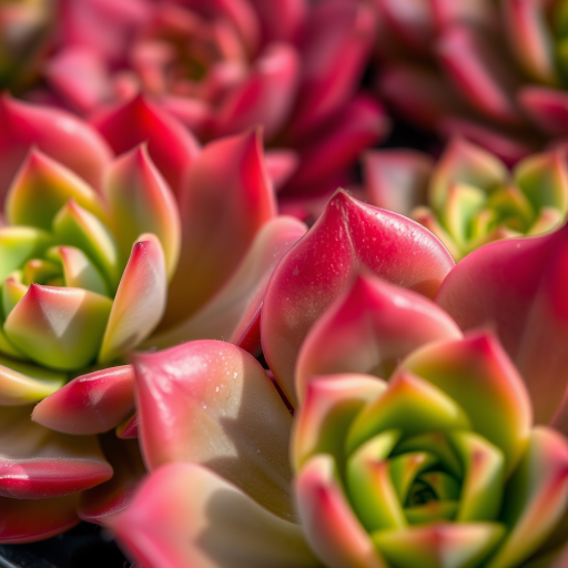 Close-up of vibrant succulents with rich pink and green hues, shallow depth of field, natural lighting, f-stop 2.8, ISO 100, focal length 50mm, DSLR camera style.