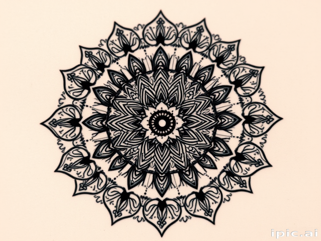 Dotwork mandala tattoo with intricate floral patterns and sacred geometry elements, gradually fading from solid black to delicate stippling for a mesmerizing optical illusion effect