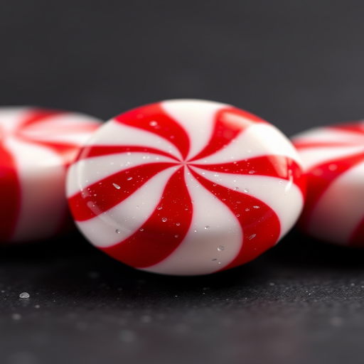 Create a high-resolution image of a red and white peppermint candy with a glossy finish, taken from a top-down view using a DSLR camera with a 50mm lens, aperture set to f/2.8, ISO 100, and a shallow depth of field for enhanced detail.