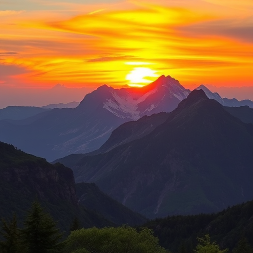 Generate a high-resolution image of a majestic mountain landscape during sunrise, with vibrant colors in the sky, foreground of lush greenery, using a DSLR camera, aperture f/8, ISO 100, shutter speed 1/250s, shot from a wide-angle view to capture the expansive scene.