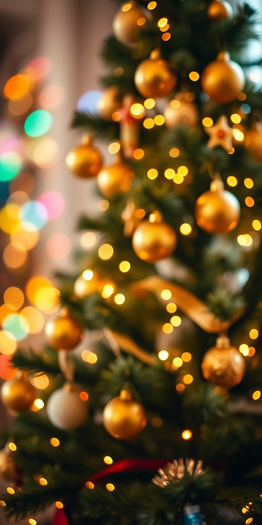 Create a festive scene featuring a beautifully decorated Christmas tree adorned with golden ornaments and twinkling lights. Include a soft, blurred background with colorful bokeh effects, evoking a warm and cheerful holiday atmosphere.