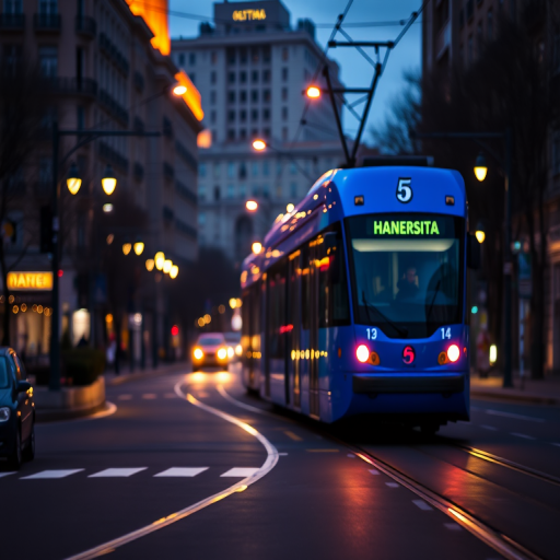 city street at dusk with a blue tram numbered 5 approaching, soft focus on background buildings and streetlights illuminating the scene, 50mm lens, f/1.8 aperture, ISO 200, shutter speed 1/250 sec, shot from a low angle for perspective, captured with a DSLR camera