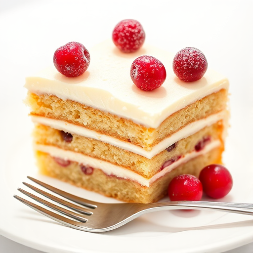 A slice of layered cake with creamy frosting decorated with fresh cranberries and a dusting of sugar served on a white plate with a fork beside it in a bright setting.
