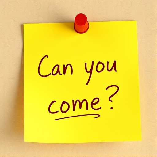 Yellow post-it note, hand written in brown pen text "Can you come??", 3d, hd, hyper realistic,