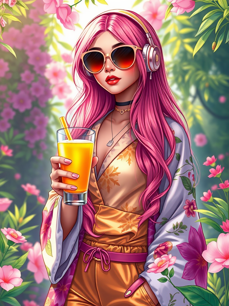 Create a vibrant and detailed digital illustration of a young woman with long pink hair, wearing oversized sunglasses and headphones, dressed in a floral robe over a metallic golden jumpsuit, holding a glowing drink, surrounded by lush greenery and flowers, in a bright fantasy environment, using a DSLR camera with a 50mm lens, aperture f/1.8, ISO 100, soft natural lighting for enhanced clarity and depth.