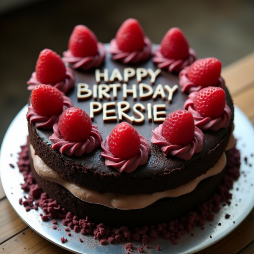 black forest gateau cake, spelling out the words "HAPPY BDAY PERSIE", tasty, food photography, dynamic shot