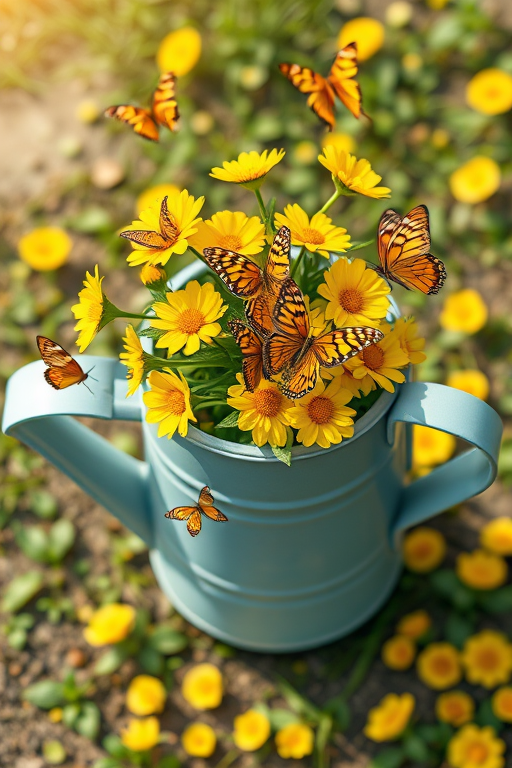 Create an illustration of a watering can filled with yellow flowers and butterflies fluttering around, soft natural lighting, ISO 100, 50mm lens, f/2.8 aperture, top-down view, digital art style for crisp details and vibrant colors.