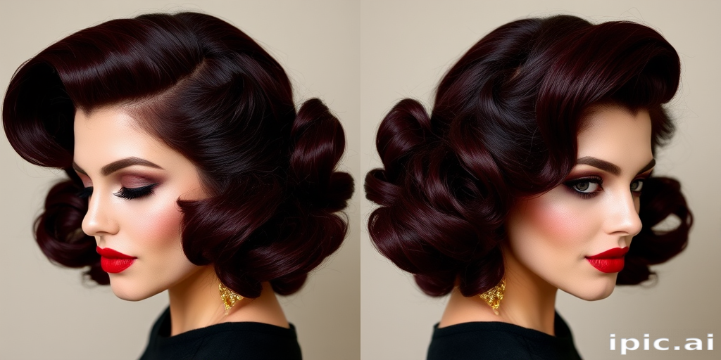 Sultry dark burgundy mane styled in voluminous vintage victory rolls, exuding old Hollywood glamour, aptly named "Velvet Vixen"