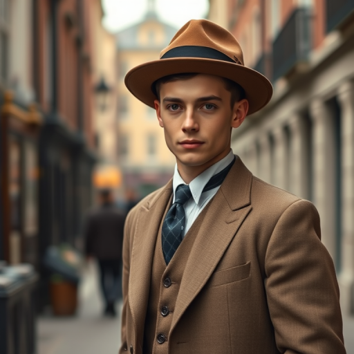 Create a portrait of a young man in early 20th-century fashion, wearing a tailored suit with a waistcoat and a stylish hat, standing confidently in a vintage urban setting, captured with a Canon EOS R5 at f/1.8, ISO 100, 50mm lens, with soft natural light and a shallow depth of field for a refined and detailed look.