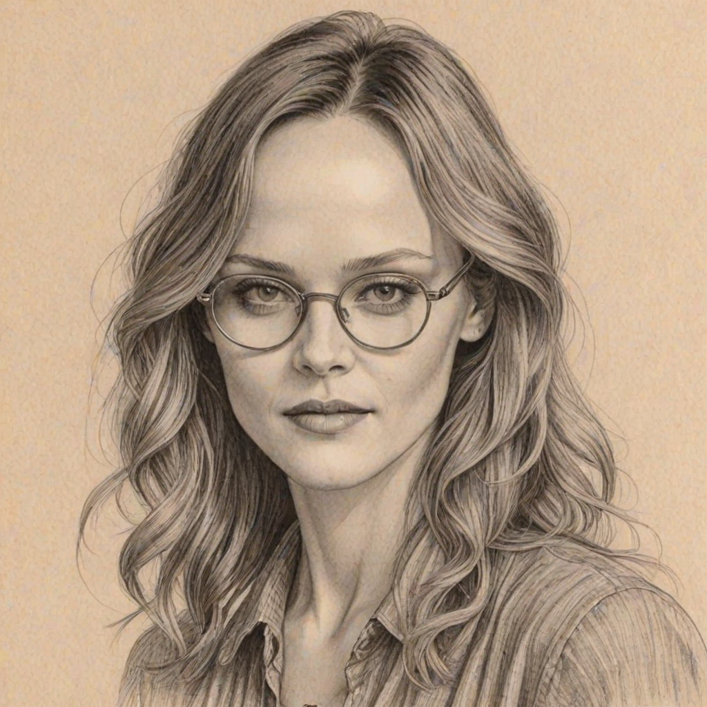 Superb Vanessa Paradis, pencil sketch, portrait of Enchanting woman 1930s in glasses, hair style beatnik, outline, clear lines, fine lines, 8k