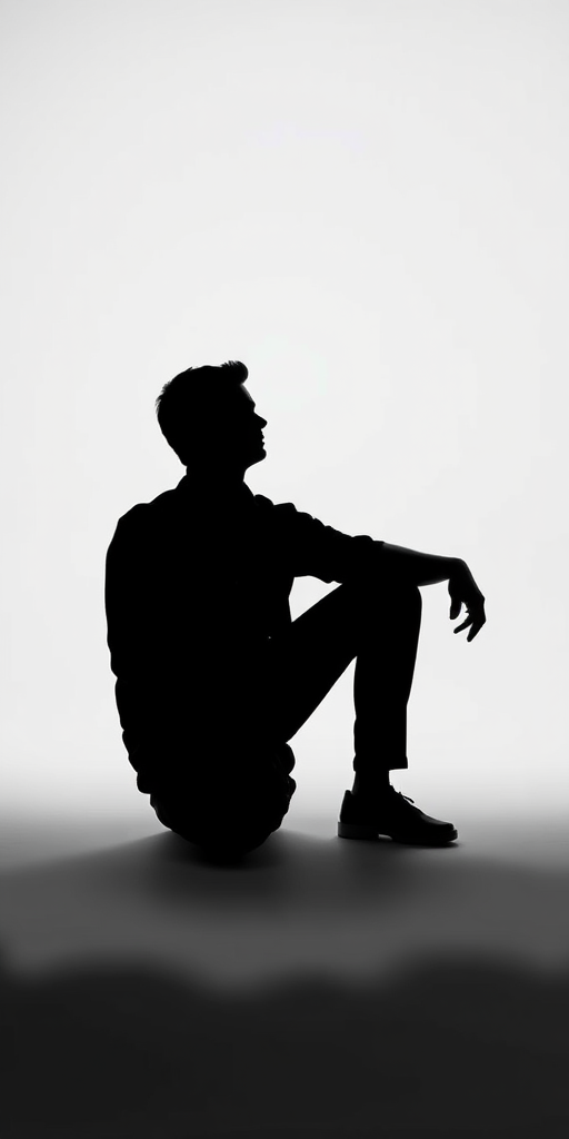 Generate a high-resolution image of a black silhouette of a seated person against a white background, captured with a Canon EOS R5 at f/8, ISO 100, 1/200s, using a flat lay view and softbox lighting for enhanced clarity and contrast.