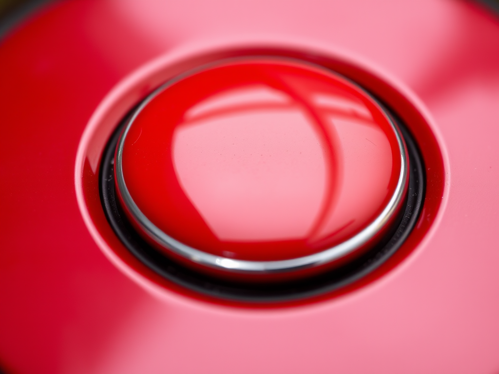 high-quality close-up of a glossy red circular button with a metallic border, 50mm lens, f/2.8 aperture, ISO 100, natural lighting, shot at eye level with a DSLR camera