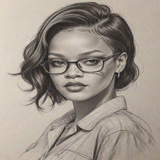 Attractive Rihanna, pencil sketch, portrait of Bewitching woman 1955s in glasses, hair style beatnik, outline, clear lines, fine lines, 8k