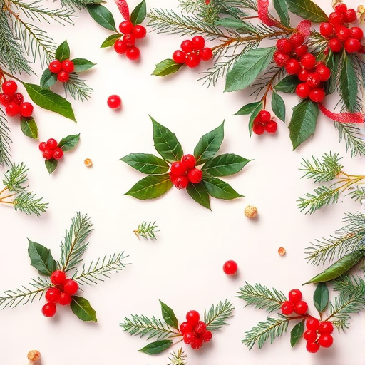 Create a vibrant illustration of various holiday foliage including holly, mistletoe, and pine branches scattered across a soft pastel background, using a Canon EOS R5 with a 50mm f/1.8 lens, aperture set to f/2.8 for a shallow depth of field, and a soft lighting style to enhance color richness and details.