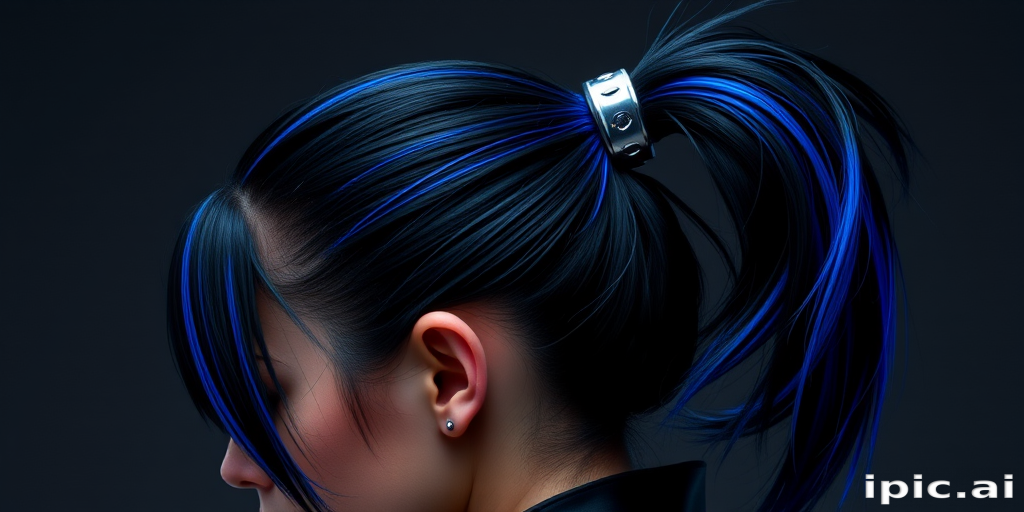 Jet black hair styled in a sleek, high ponytail with electric blue streaks running through it, secured with a futuristic silver cuff for a striking cyberpunk aesthetic called Nightrider Bolt