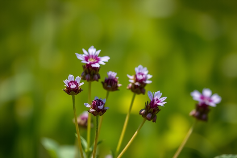 macro shot of purple wildflowers with a blurred green background, aperture f/2.8, shutter speed 1/250s, ISO 100, taken with a DSLR camera, natural light, shallow depth of field